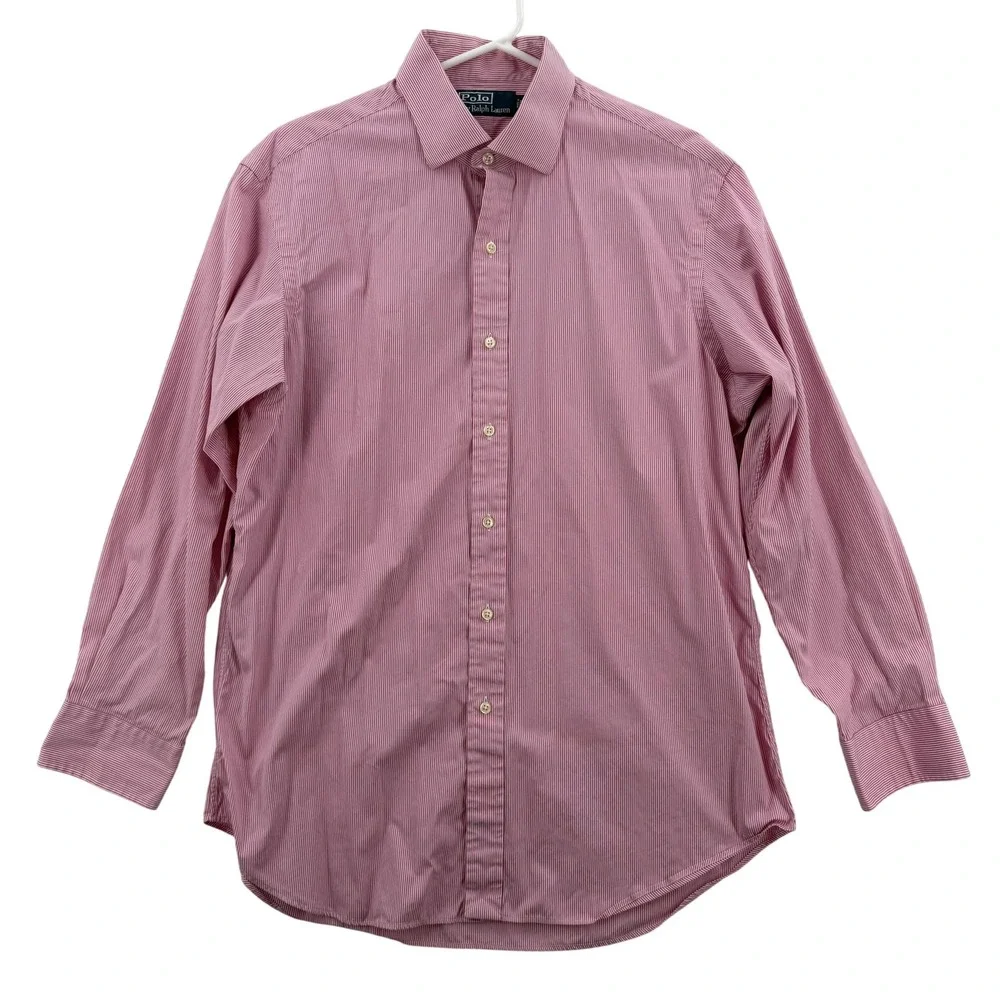 Polo Ralph Lauren Shirt Mens 16.5 32/33 Pink White‎ Stripe Long Sleeve Button Up